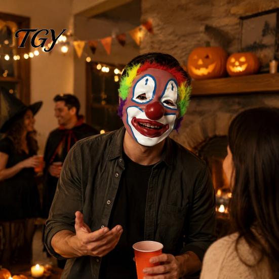Comfortable Fit Clown Face Mask Realistic with Red Nose & Plush Wig, Scary Latex Adult Halloween Costume Accessories Full for Party, Adults