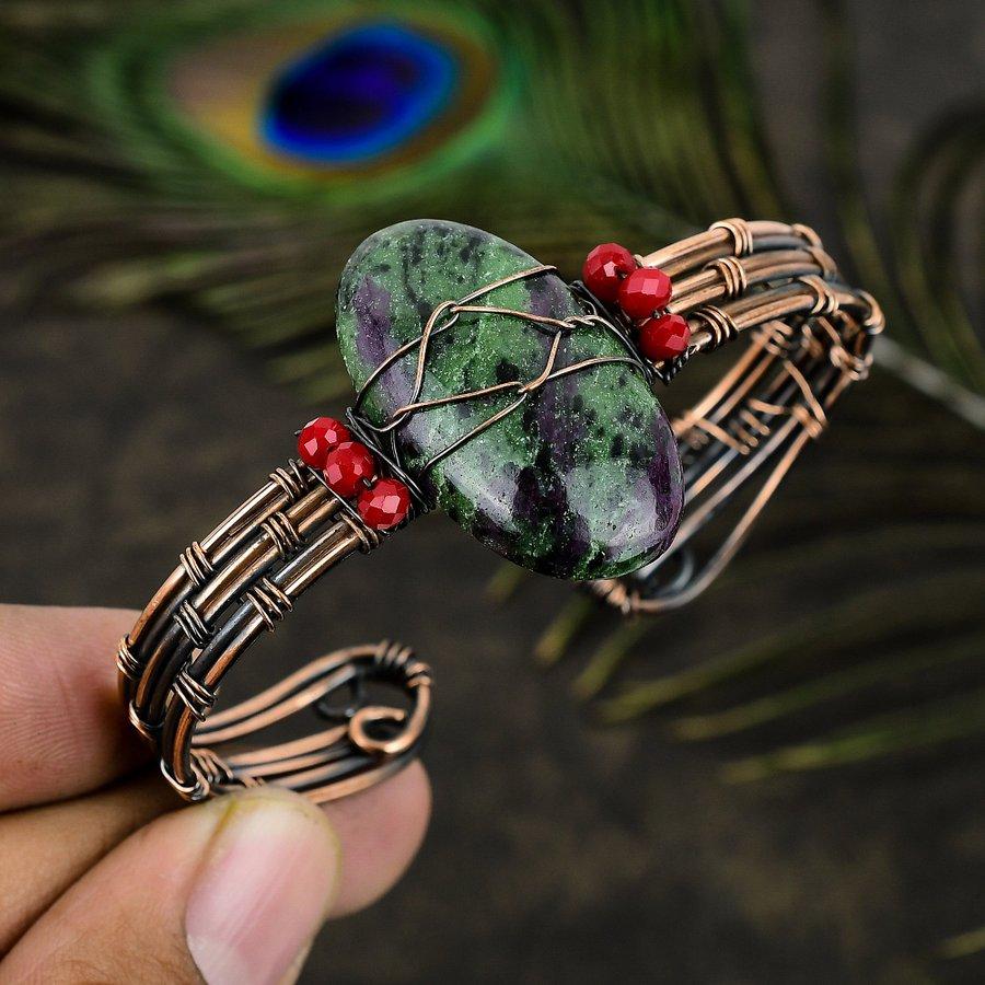 Ruby Zosite Lab-Created Handmade Copper Wire Wrap Cuff Bangle Adjustable Y8p71