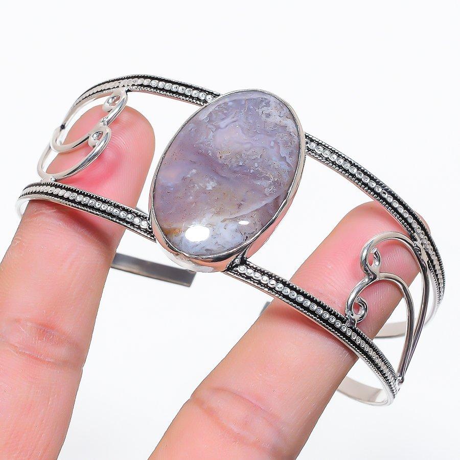 Natural Russian Dendritic Gemstone 925 Sterling Silver Cuff Bangle Adj R4r95