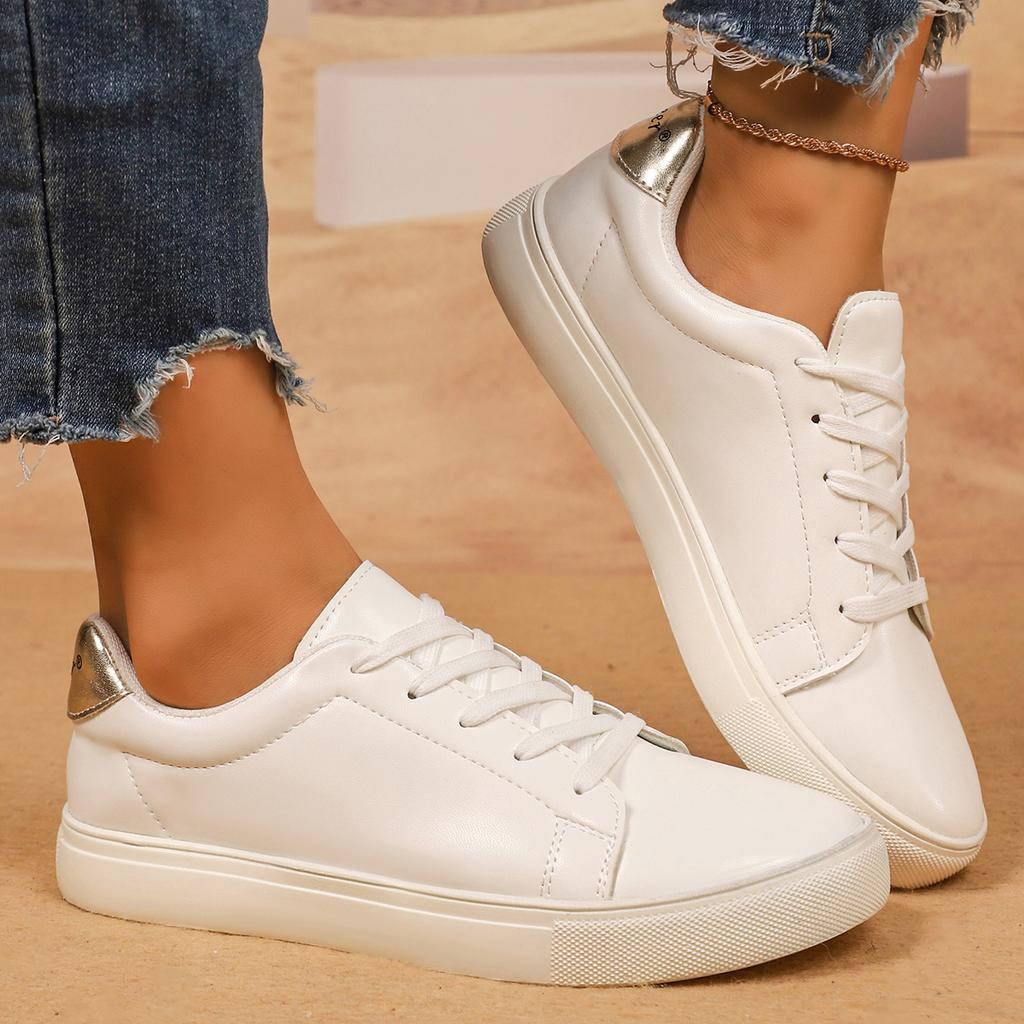 Fashion Casual Solid White Lace Up Flat Skate Shoes Women 2025 Autumn Fashion Silver Splicing Round Toe Sneakers Comfort Non Slip Shoes