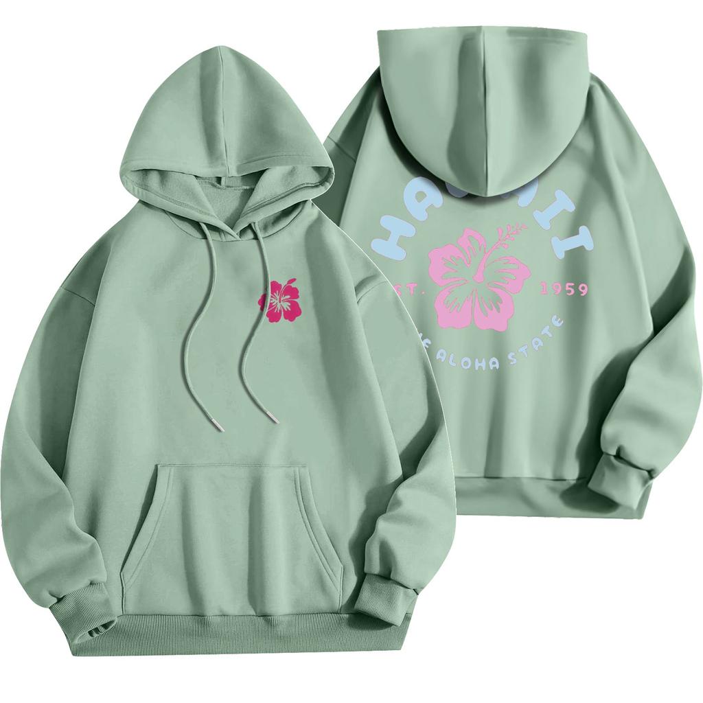 Women's Fashion Lightweight Long Sleeve Pullover With Pockets Flowers Print Hoodie