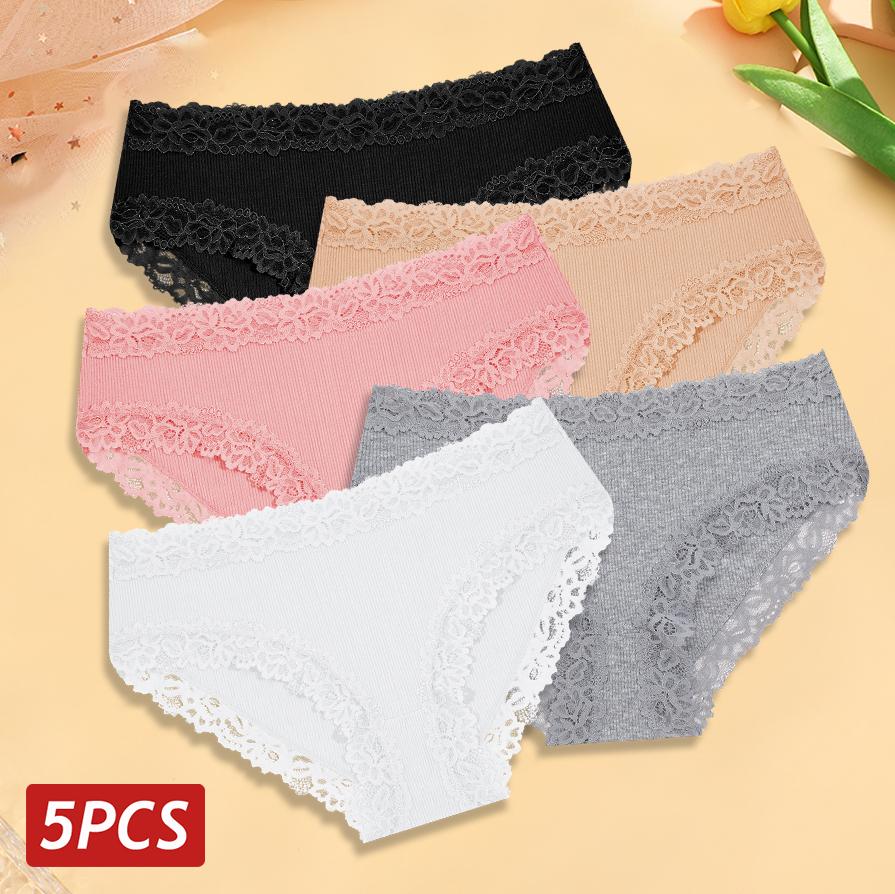 5PCS Cotton Panties Women Floral Lace Briefs Seamless Sexy Lingerie Low Rise Elastic Underpant Female Breathable Soft Underwear