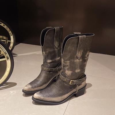 Модные осенние новые массивные одинарные ботинки женские модные заостренные вышитые металлические цепочки удобные ковбойские ботинки до середины голени