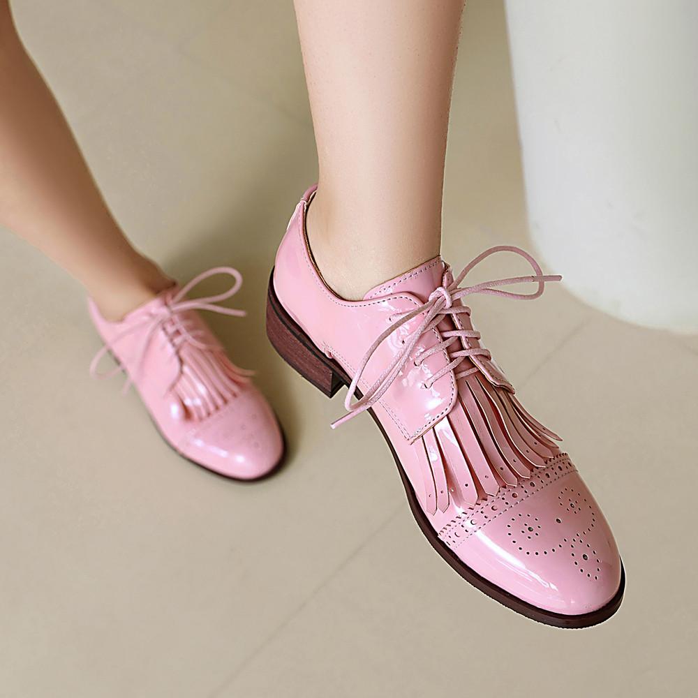 Мода Мода Весна Шнуровка Оксфорды Балетки Женские Шнуровка Круглый Носок Лоферы Пряжка Кисточка Кожа Дерби Британские Женские Туфли на Толстом Каблуке
