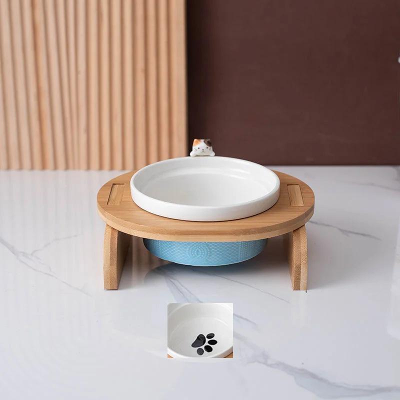Cartoon Pets Double Bowl Dog Cat Food Water Feeder Stand Raised Ceramic Dish Bowl Wooden Table Pet Supplies Cat Bowls
