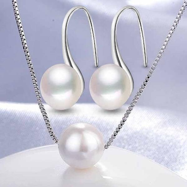 Simple Artificial Pearl Pendant Necklace Earrings Jewelry Set  For Women