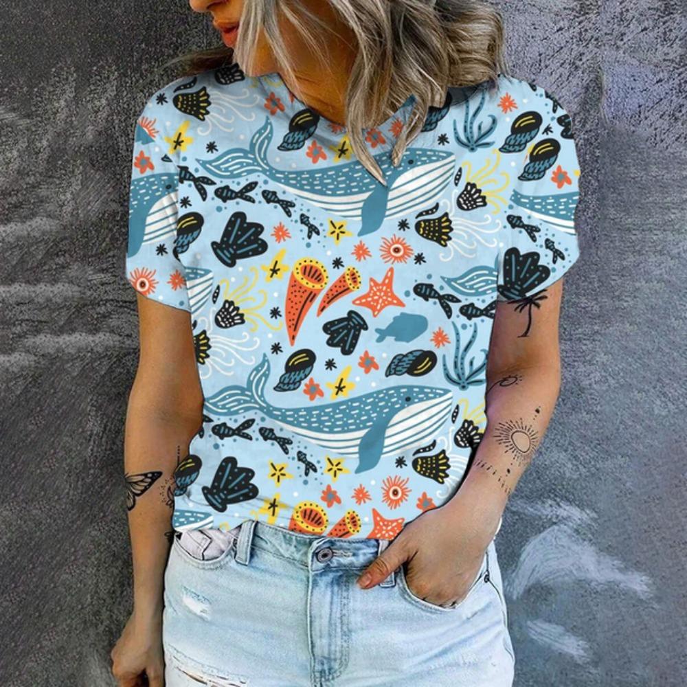 Women's T-Shirt Cartoon Little Whale 3D Printing T-Shirt Fashion Popular Oversized T-Shirt Summer Women's Round Neck T-shirt