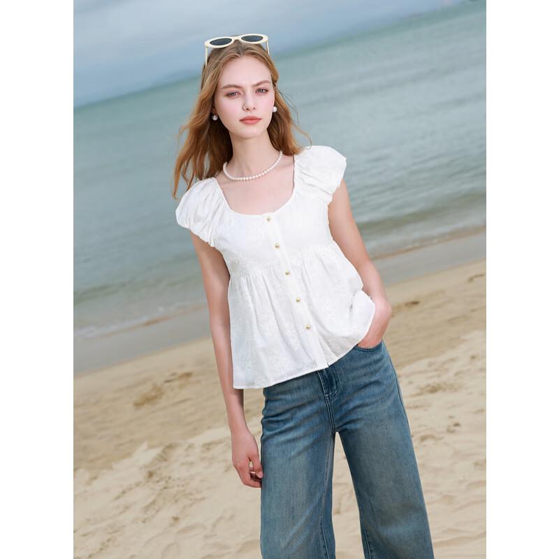 Sancai Women's Embroidered Cotton Babydoll Flutter Sleeve Top