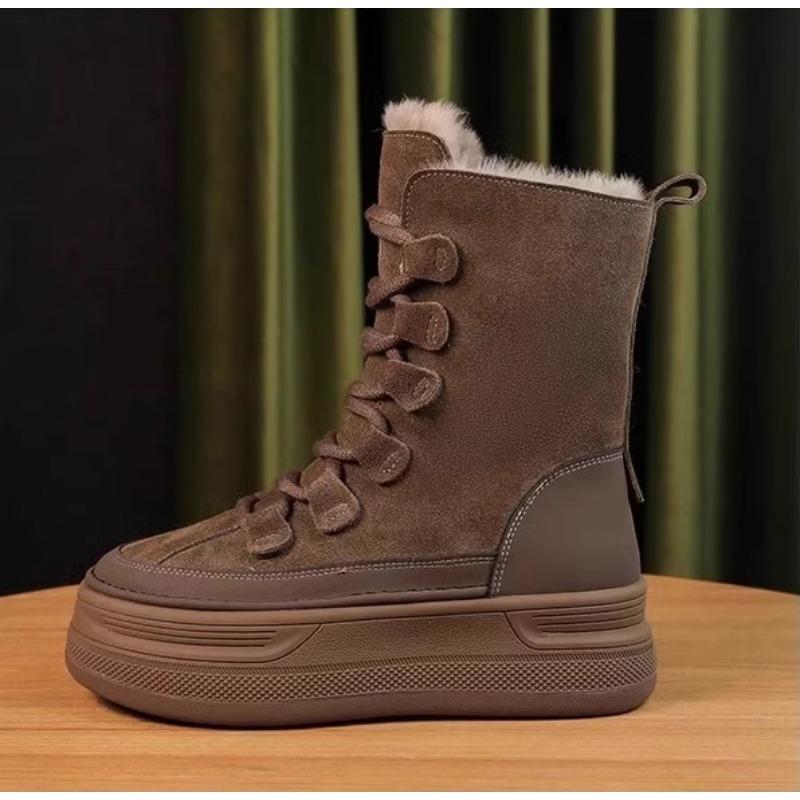 Женские зимние сапоги на толстой подошве, новый стиль зимы 2025 года, цельные сапоги до середины икры с флисом и утепленные теплые хлопковые ботинки