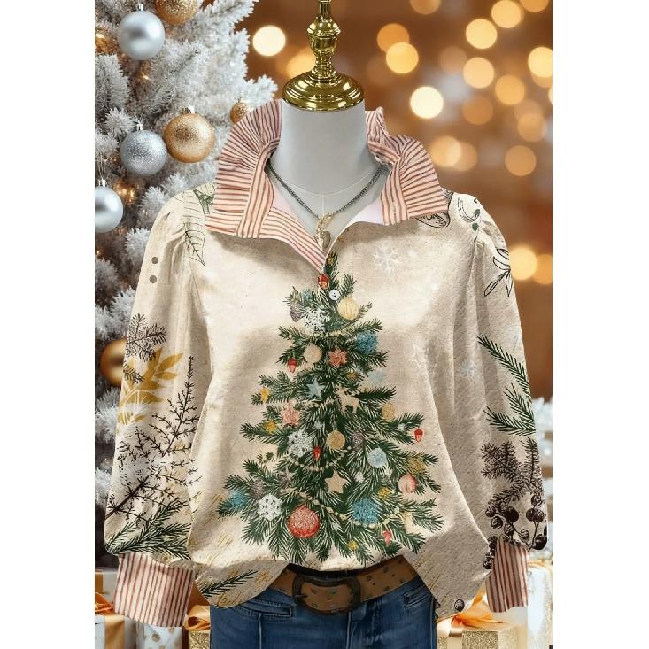 Женская блузка в ретро-рождественский узор - отложной воротник, длинный рукав, свободный повседневный силуэт, праздничный топ с принтом елки, подходит для осени/зимы