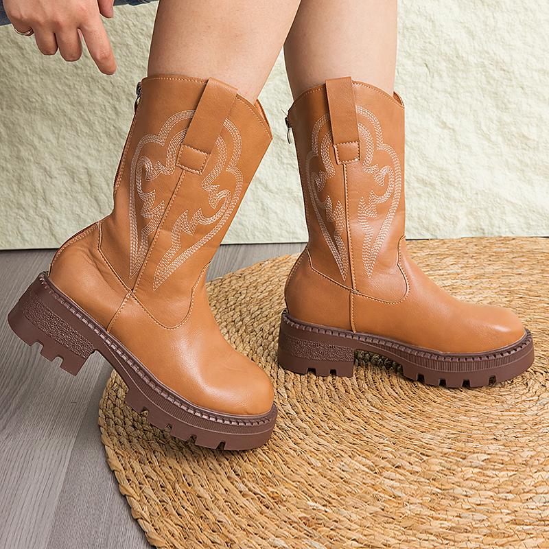 25Осень И Зима Винтажная Вышивкаженские Летние Ботильоны на Толстом Каблуке до Середины Икры, Ботинки Пустынника Интернет-Знаменитости, Короткие Ботинки