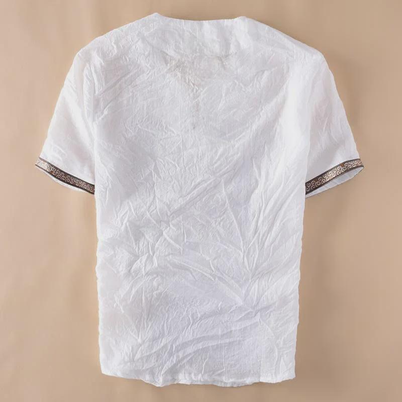 Мужская летняя льняная футболка с V-образным вырезом, коротким рукавом, мятая, повседневный стиль