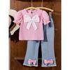 Set of Two Girls' Pink Bow Short-Sleeve Tops And Faux Denim Bow Pants, a Charming Summer Outfit for Toddlers, Featuring Matching