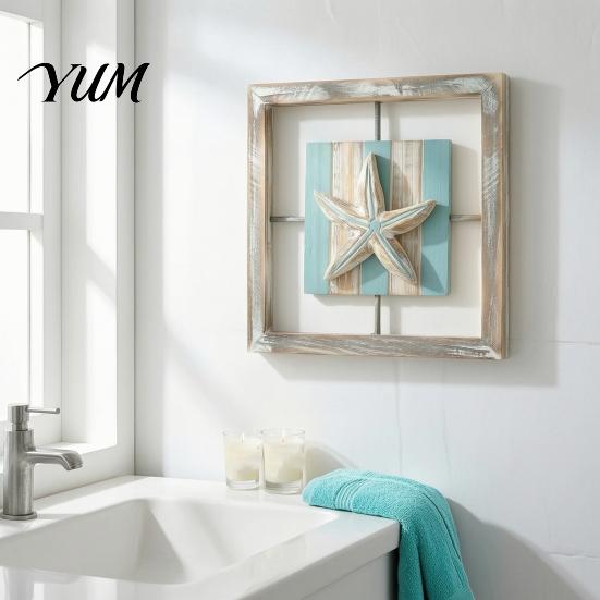 Waterproof Wood Wall Art 3D Conch/Starfish/Shell Wooden Frame Art, Distressed Coastal Style Decoration, Decorative Set for Home Ocean Inspired