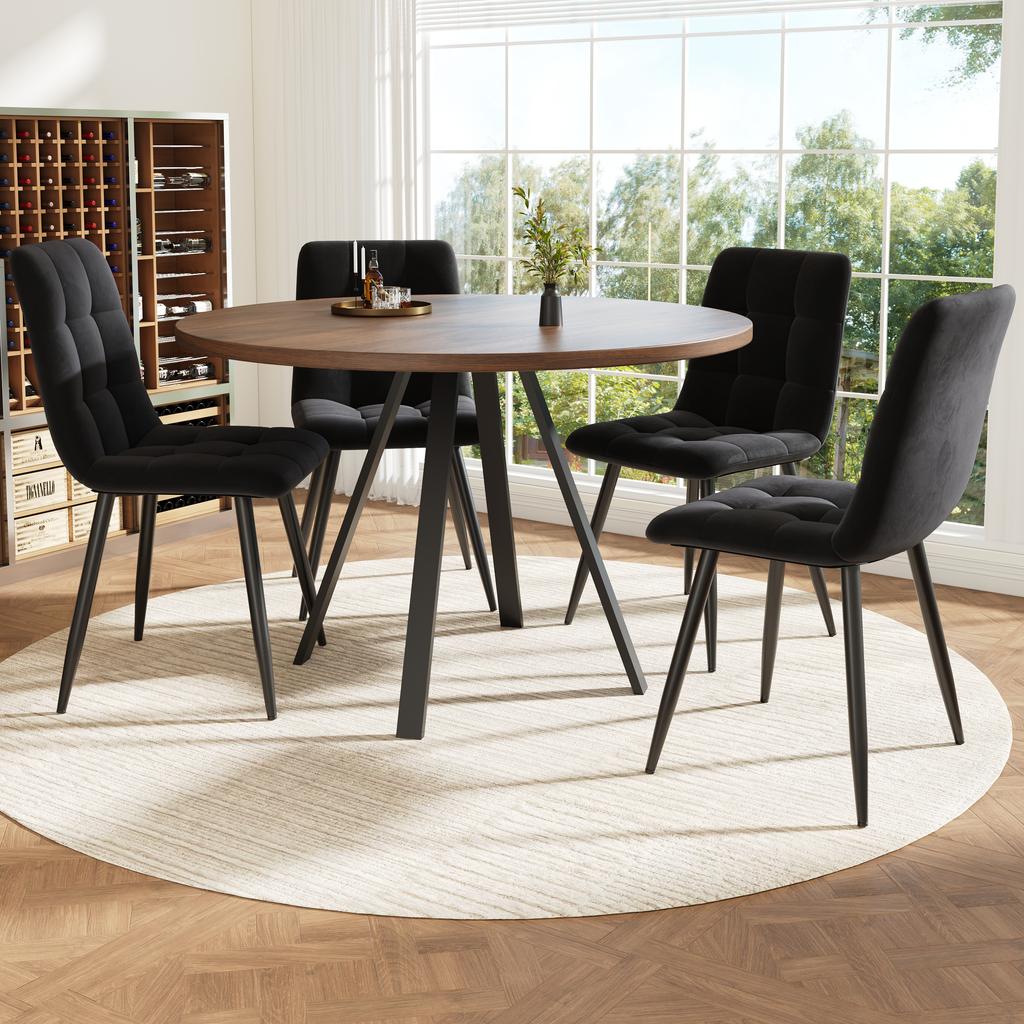 Round Dining Table (80×80×75cm), Coffee Table for 4, Suitable for Dining Room, Living Room, Metal Table Legs, Walnut-colored Desk and Black Legs