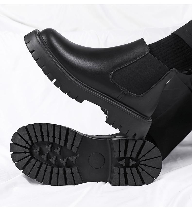 Men's British-Style Chelsea Boots: Thick-Soled, Height-Enhancing, Genuine Leather, Slip-On, Mid-High Top, Autumn/Winter Martin Boots.