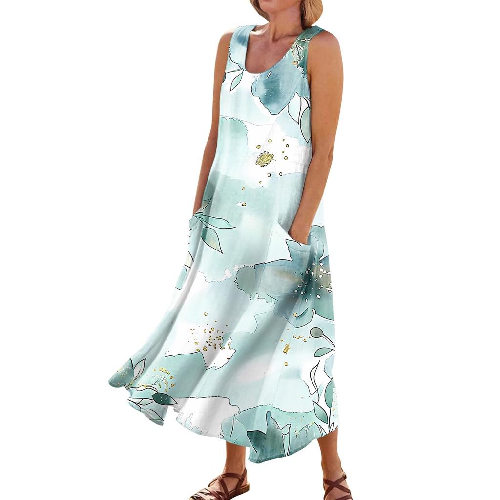 Платье без рукавов для женщин. Женское летнее повседневное модное платье без рукавов с круглым вырезом и карманом с принтом.