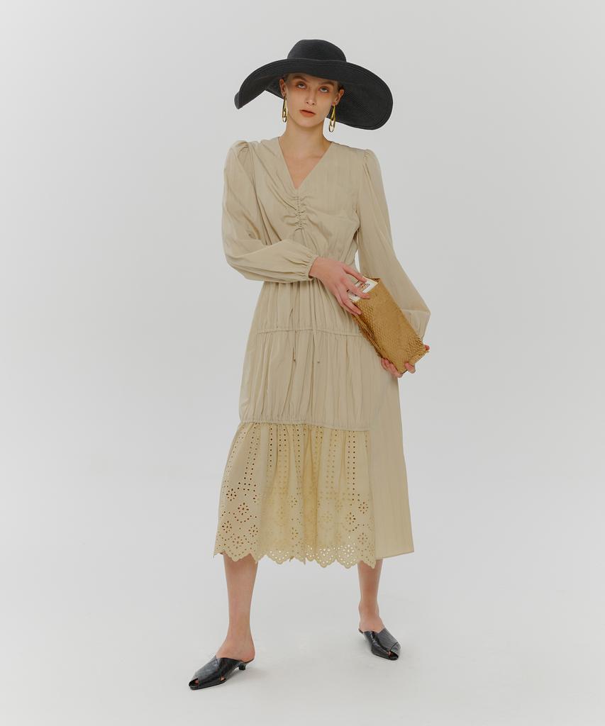 Etmont Stair Shirring Punching Dress Light Beige