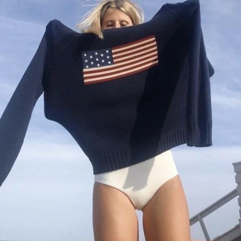 Зимние женские свитера с флагами, винтажные свободные свитера с длинным рукавом, повседневные пуловеры в стиле Харадзюку, трикотаж, белая уличная одежда