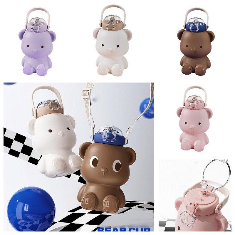 Милая бутылка для воды в виде медведя со ремешком и ручкой, большая емкость, откидная крышка, идеально подходит для девочек и студентов