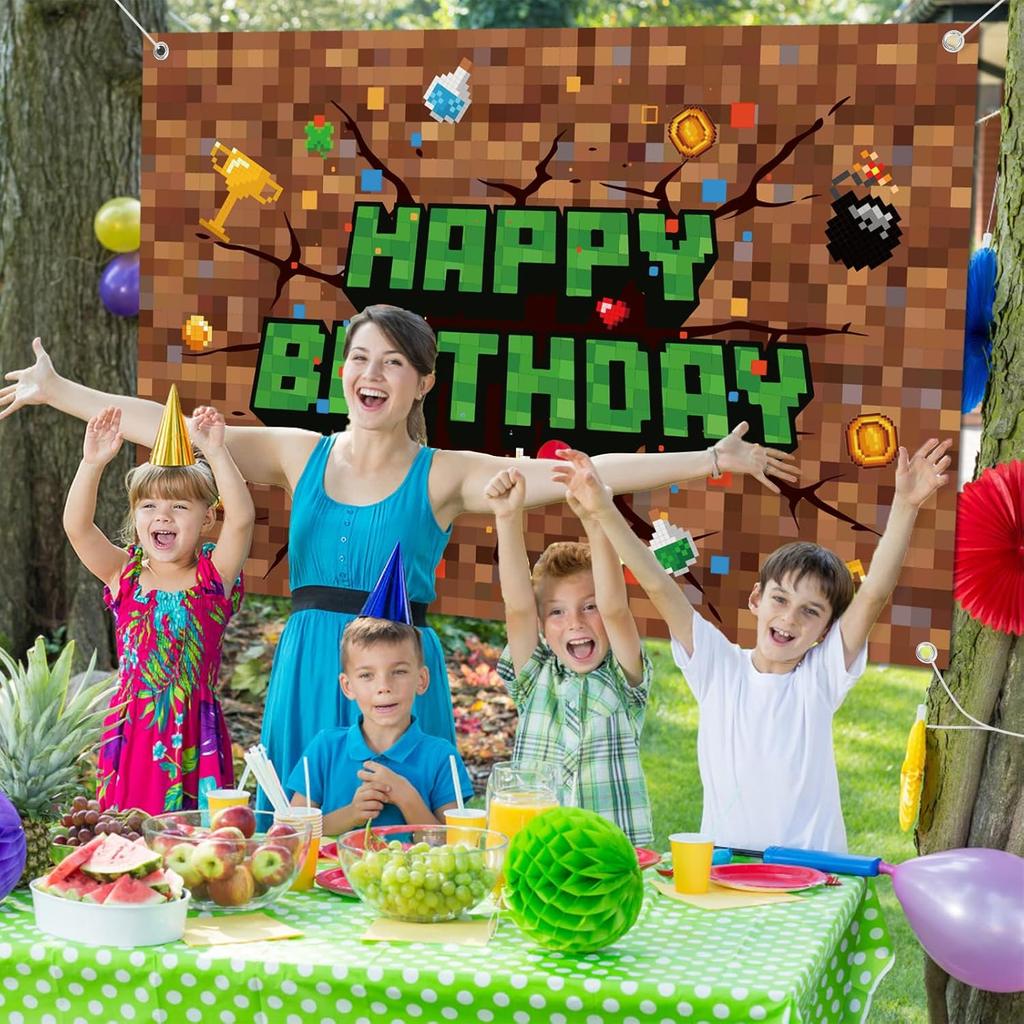 Pixel Birthday Decorations, 5x3 ft Happy Birthday Banner Backdrop for Miner TNT & Pixel Themed Celebration Kids Boys Game Party Supplies