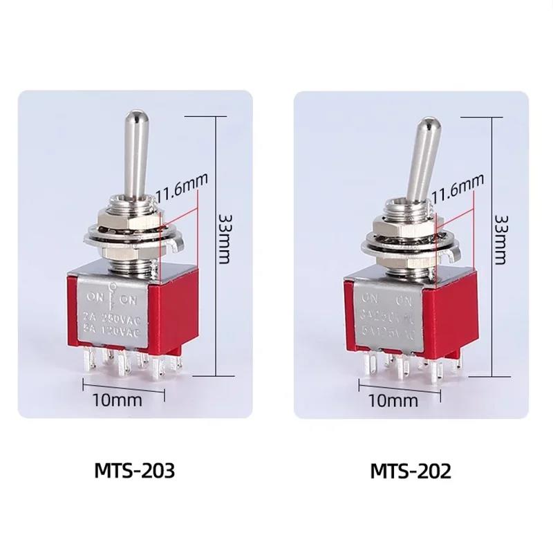 10 шт. Мини-переключатели MTS-102 103 MTS-202 203, 3/6 контактов, Тумблеры ON-OFF-ON, Микропереключатели с выводами под пайку, Водонепроницаемые колпачки, Переключатели давления масла 6