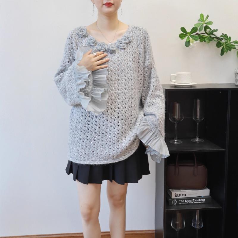 Three-dimensional Flower Hollow Sequin Loose Knitted Sweater Top Autumn and Winter New Splicing Mesh Sweater Pullover Women