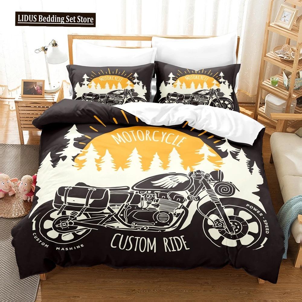 Motorcycle Duvet Cover Set Dirt Bike Extreme Sports Theme For Boy Girl Motocross Racer Polyester Bedding Set King Queen Size