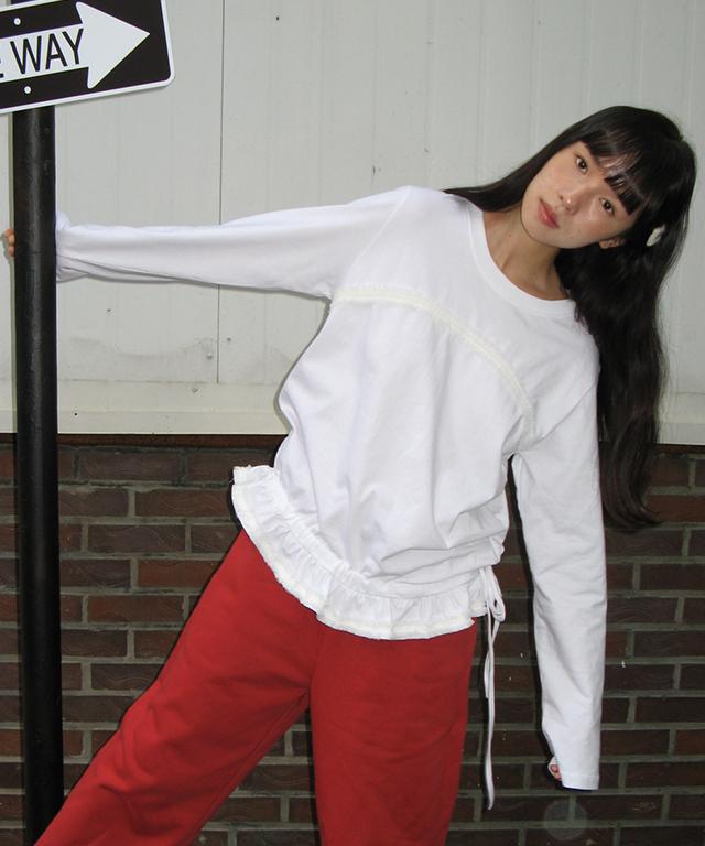 RONRON Frill Shirring Long Sleeve T Shirt White
