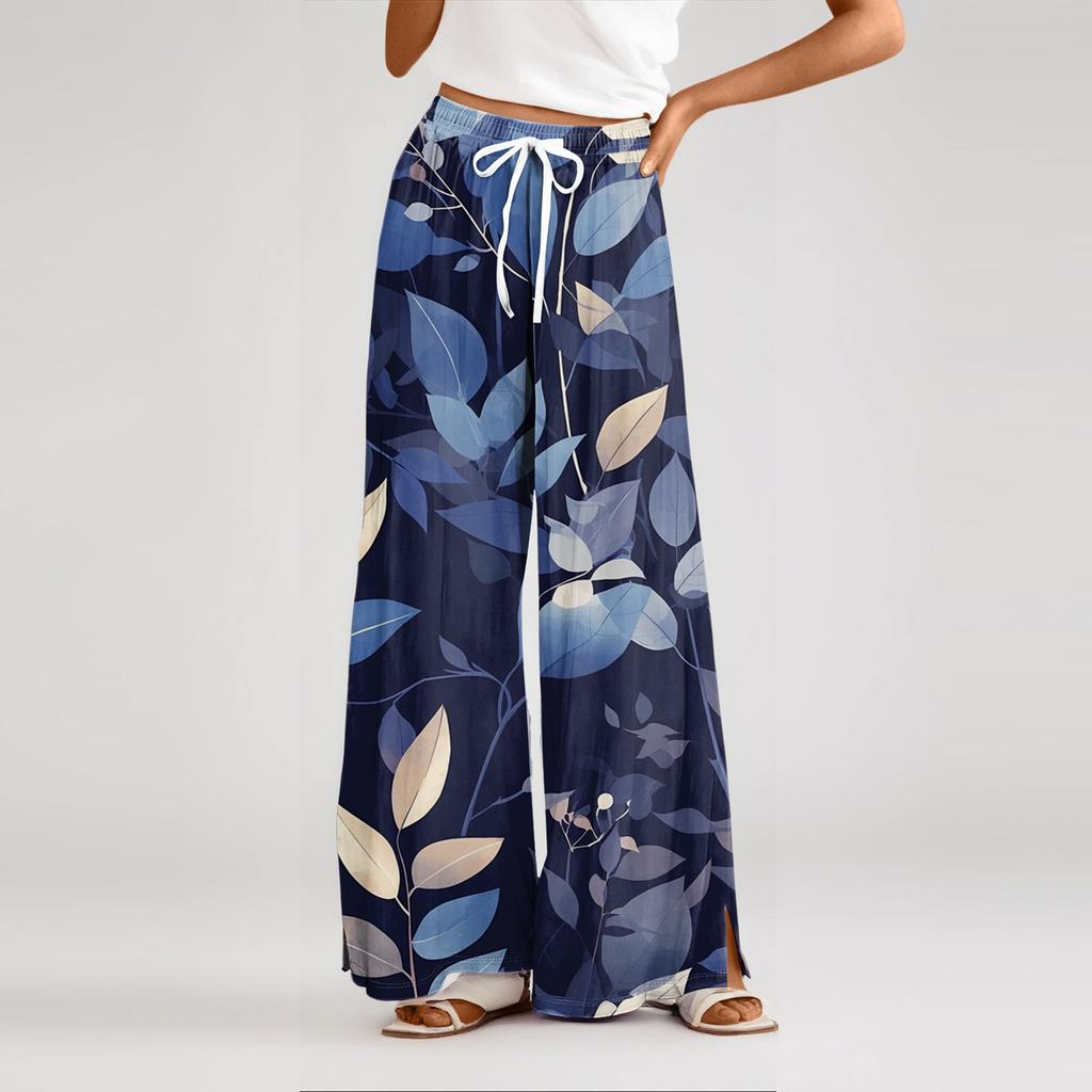 Женские свободные повседневные брюки с цветочным принтом и широкими штанинами, с эластичной талией на кулиске и карманами