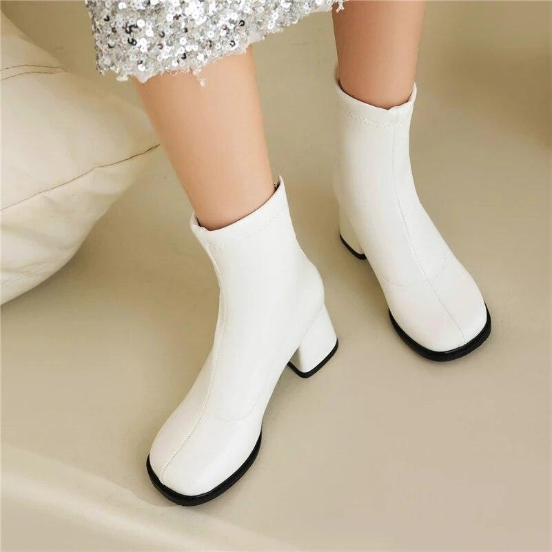 Женские ботильоны, короткие сапоги на толстом высоком каблуке с круглым носком на молнии, лаконичная женская модная обувь, зимняя красная, белая, черная 46