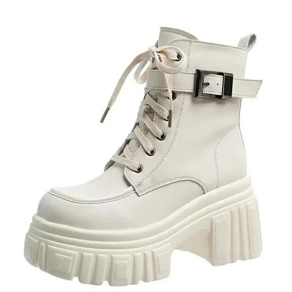 Модные женские ботильоны 9 см Новые женские ботинки на платформе Короткие кожаные ботинки Высокий каблук Зимние теплые плюшевые Массивные ботильоны Меховая зимняя обувь для снега Женские