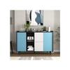 Armoire de rangement noire avec portes bleues, dotée de deux tiroirs au style unique et de deux compartiments de rangement ouverts.
