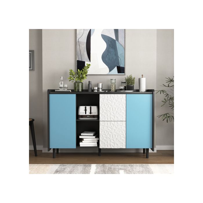 Armoire de rangement noire avec portes bleues, dotée de deux tiroirs au style unique et de deux compartiments de rangement ouverts.