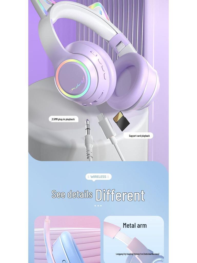 Беспроводная Bluetooth игровая гарнитура с кошачьими ушками и шумоподавлением для ноутбуков и мобильных устройств