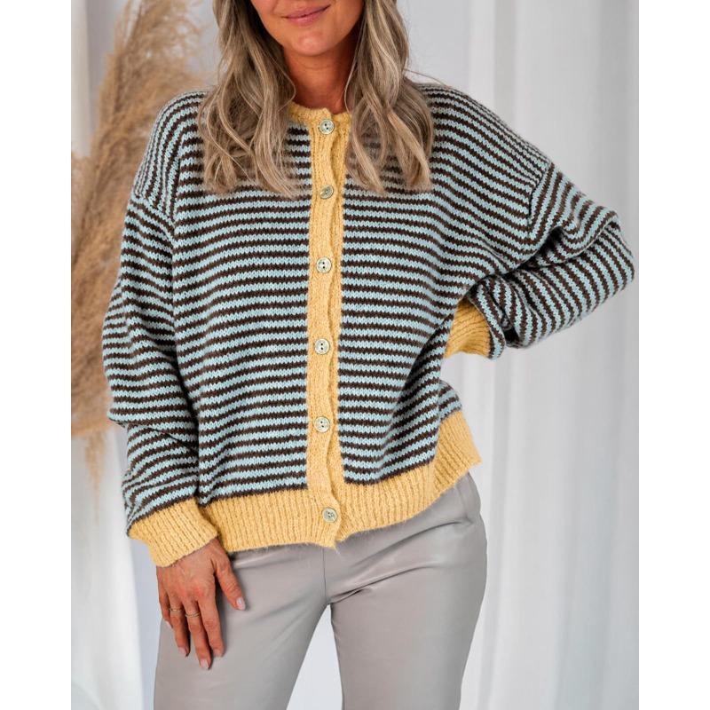 Women S Striped Knit Cardigan Round Neck Casual Sweater Coat