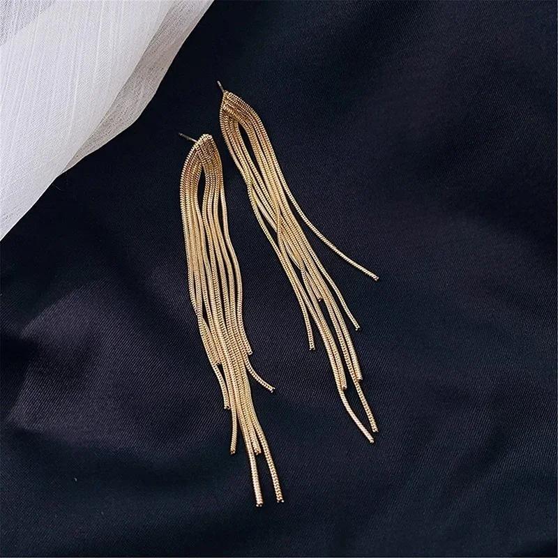 Fashion Gold Color Long Tassel Earrings Jewelry Vintage Statement Fringe Charm Drop Dangle Accessories for Women