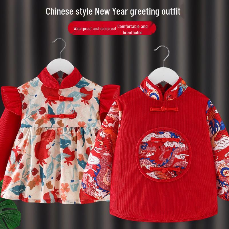 Детский вельветовый комбинезон в китайском стиле: Водонепроницаемый, грязеотталкивающий, двусторонний фартук в стиле тан-сюй для мальчиков и девочек, идеально подходит для осени и зимы.