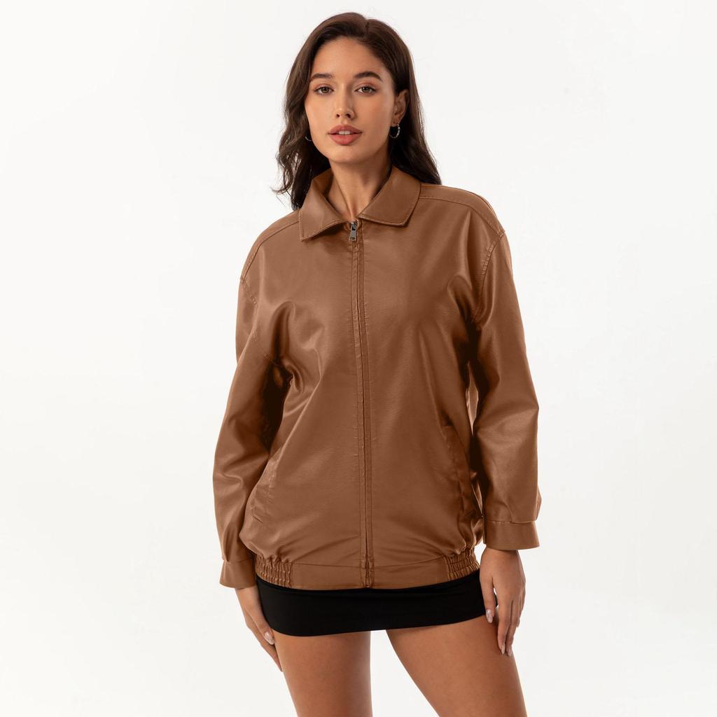 Осень-зима Женская приталенная куртка из искусственной кожи с воротником-лацканами и длинным рукавом на молнии