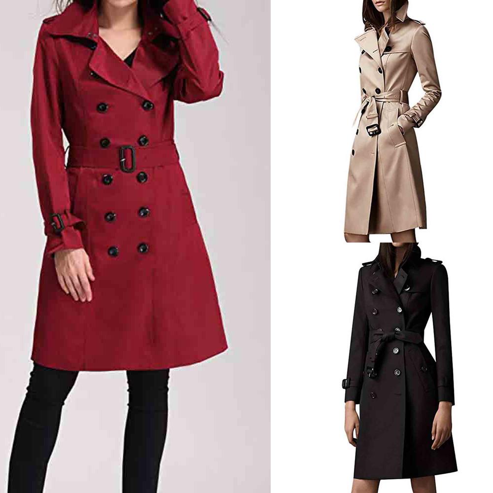 Женский зимний двубортный тонкий длинный плащ с лацканами, пальто