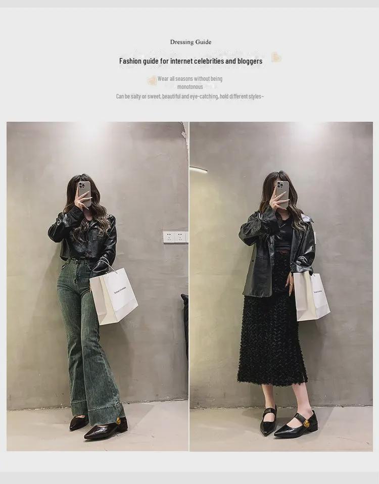 Женские туфли Mary Jane из кожи на толстом каблуке с острым носком, осень 2024 г. - средний каблук, британский повседневный стиль