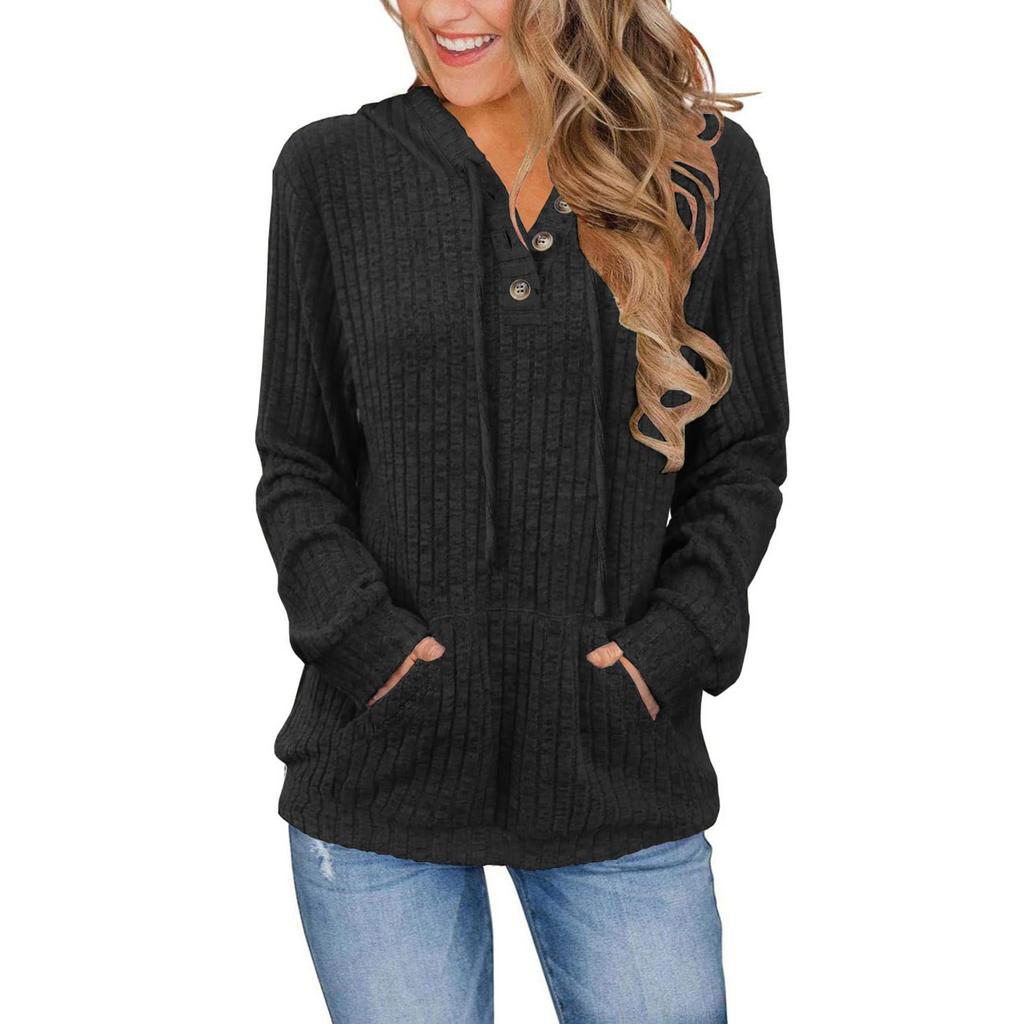 Women's Fashion Long Sleeve Solid Color Casual Ribbed Button Hoodie Top
