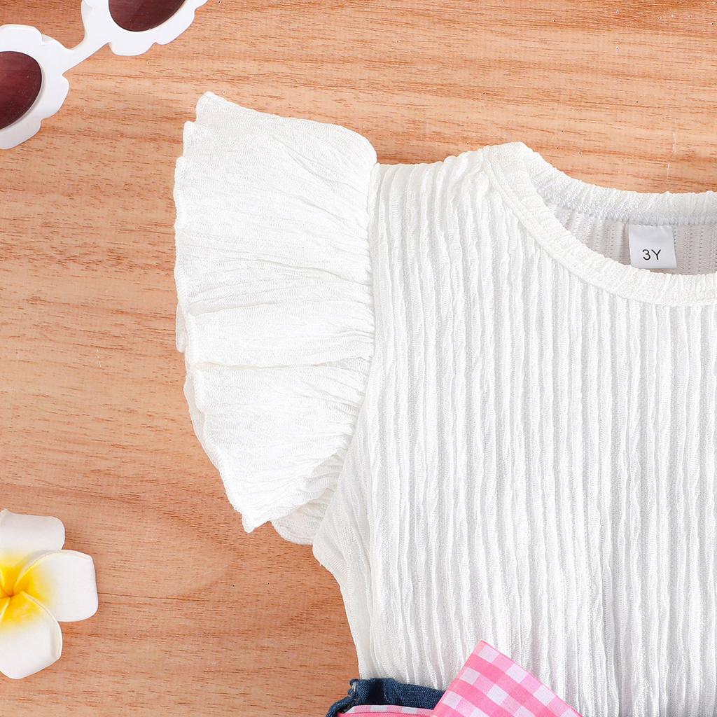 Новая детская одежда 2-8 лет, модный костюм для девочек, топ + джинсовая одежда с короткими рукавами, 2 шт., футболка с короткими рукавами для девочек