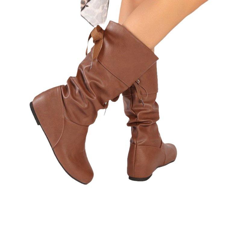 Women's Slouchy Mid Calf Western Boots Faux Leather Riding Boots Wide Calf Pull On Flat Boots for Women Round Toe Fall Winter Booties Shoes