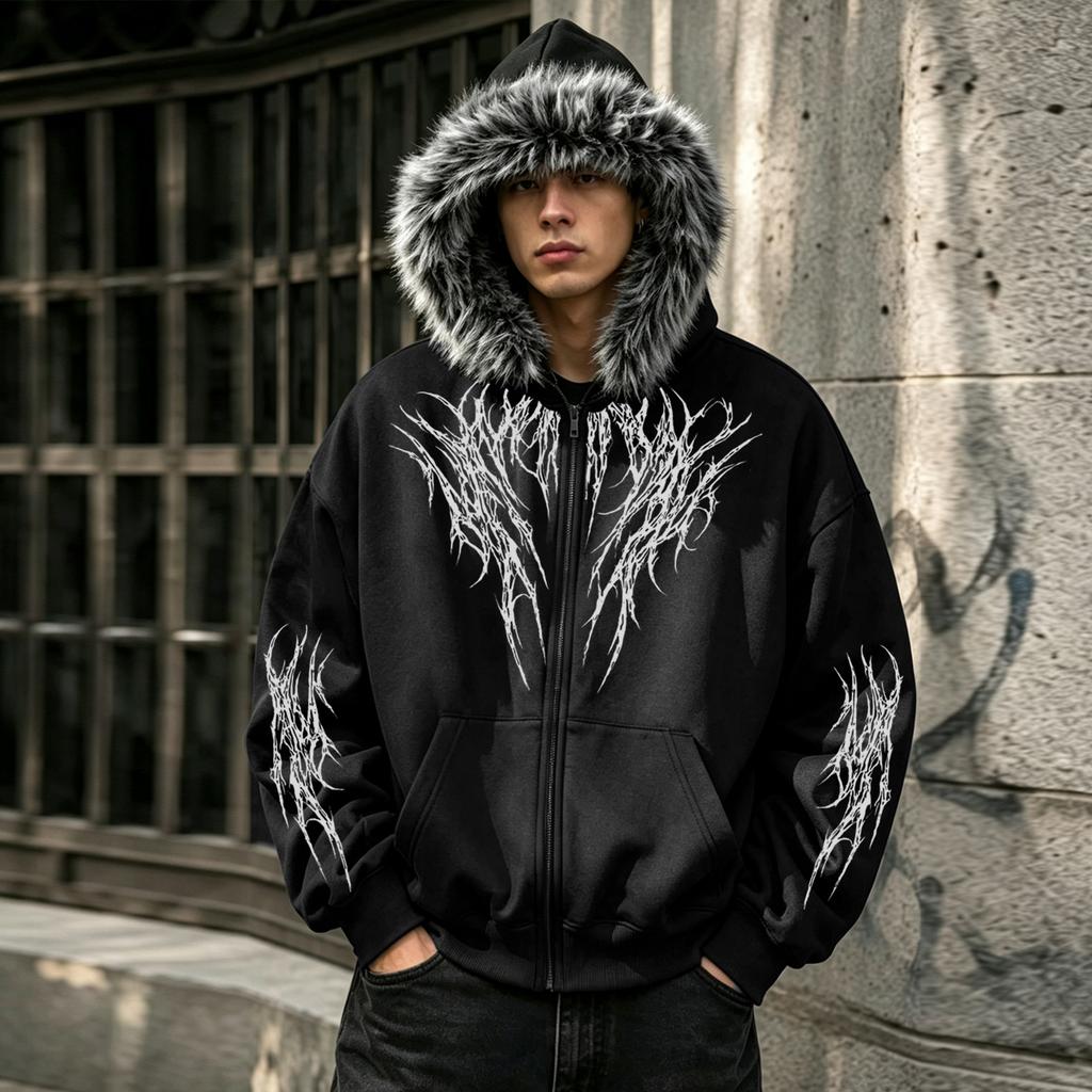 Stylish Hooded Zipper Sweatshirt with Faux Fur Collar, Relaxed Fit, and Multiple Pockets—Outdoor Casual Top