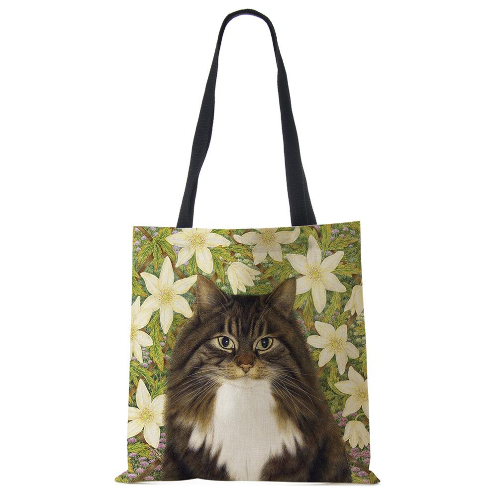 Cute Cat Flower Painting Print Womens Designer Tote Bags Women Handbag Large Shopping Bag Foldable For Groceries CLE