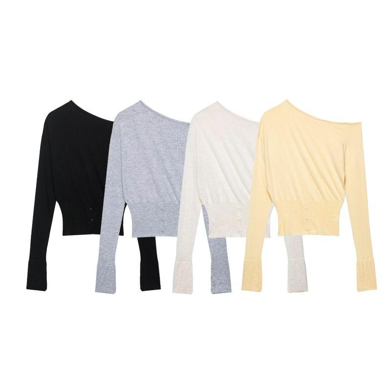 Kaslead New Women Clothes Western Style Fashion Slimming Versatile Sloping Shoulder off-Neck Split Sweater