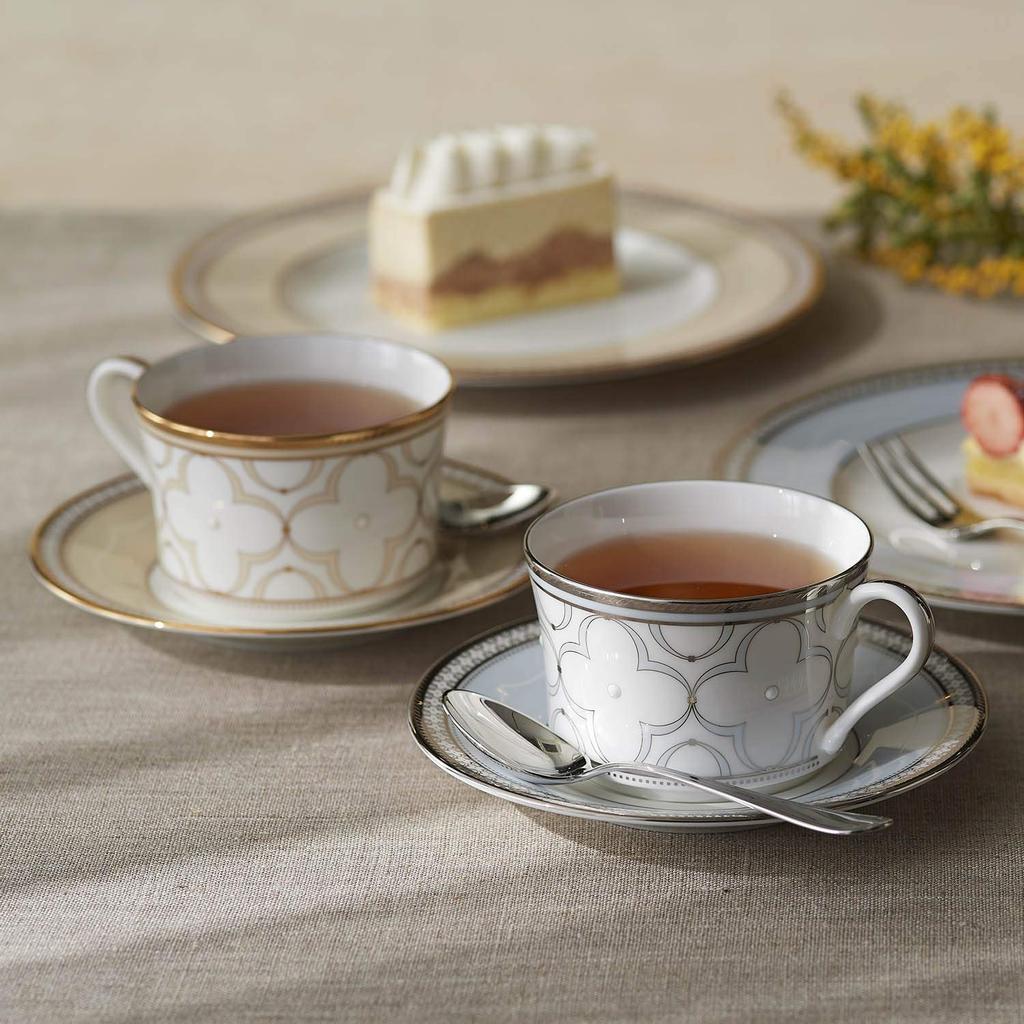 Noritake Чашка-блюдце пара кофе и 245 куб. см Trefolio 2 клиента Костяной фарфор и (набор для смены цвета) (для чая) приблизительно. Золото/Платина Золото/Платина