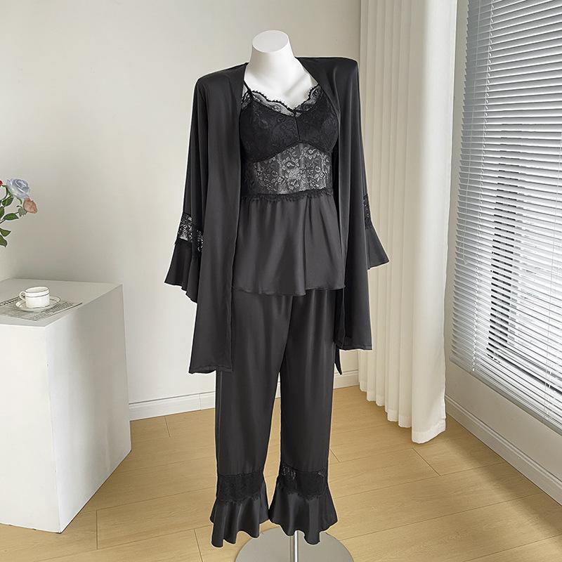 Весенние и осенние пижамы из трех частей, сексуальная кружевная домашняя одежда, повседневные атласные пижамы, женское нижнее белье, домашняя одежда