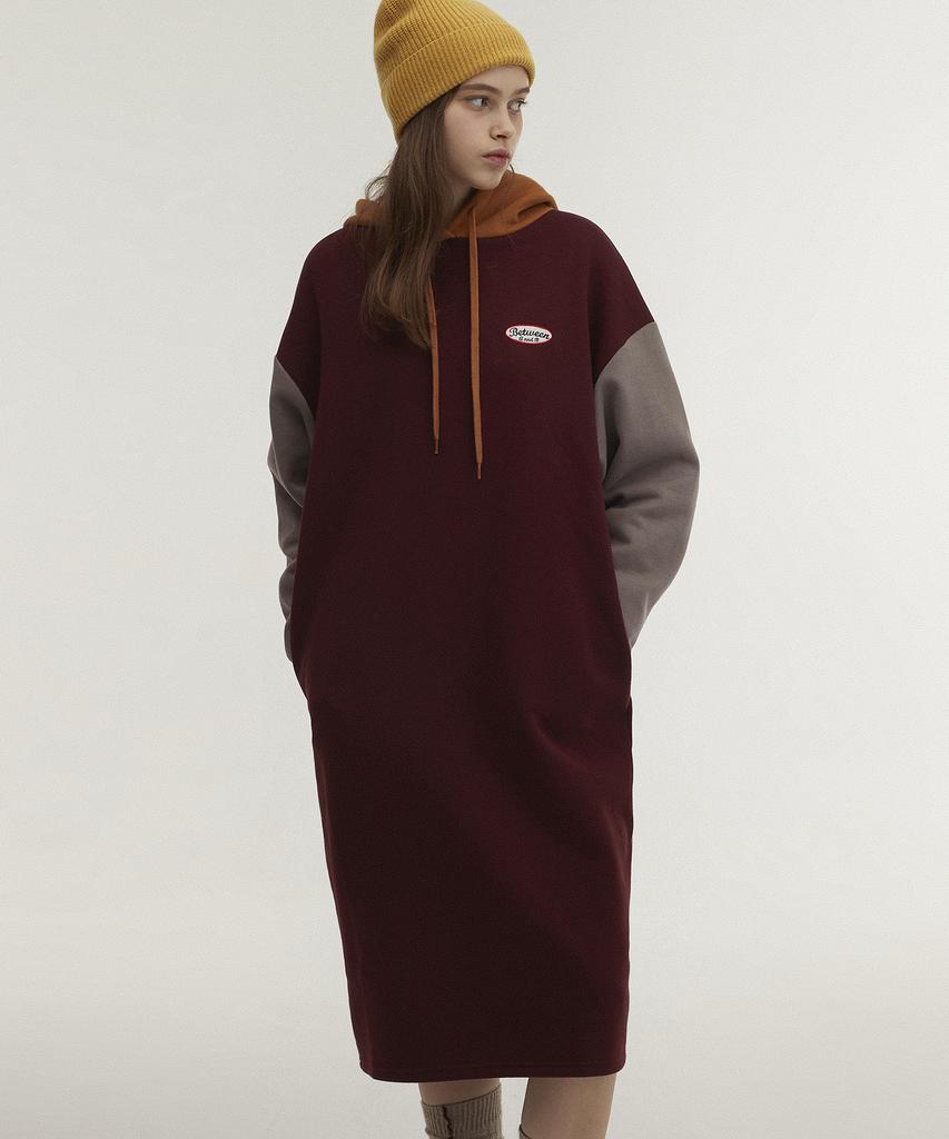 Between A And B Hooded Long Jersey Fleece-Lined Dress [Burgundy]